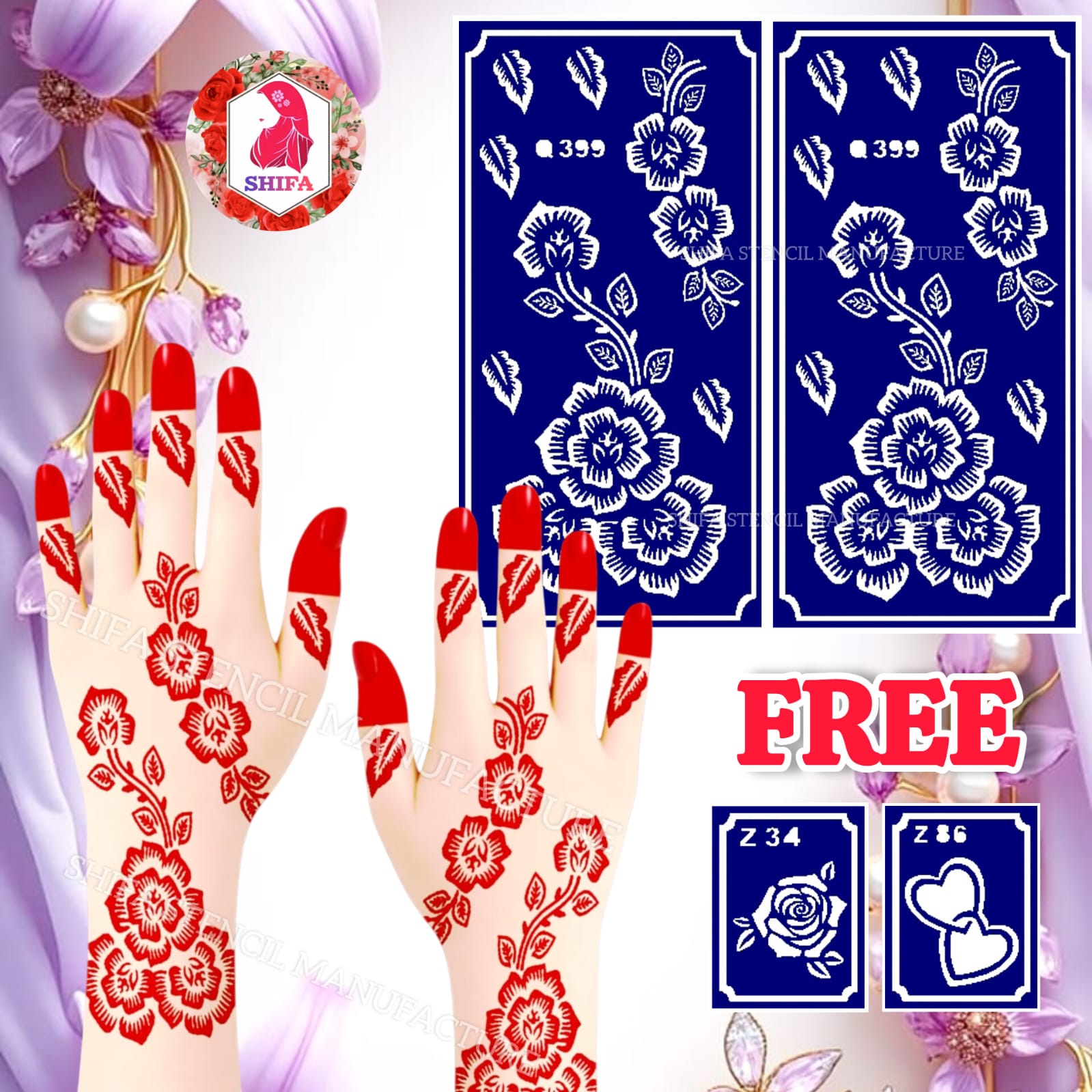 Q399 – Blossom Trail Elegance Sticker Overview Henna Stencil - Shifa Stencil